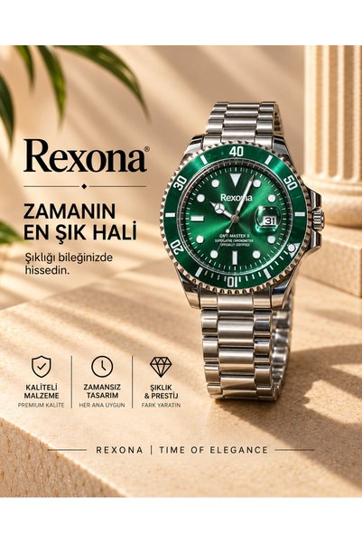 Rexona ساعة يد رجالية بسوار فولاذي ومينا خضراء مقاس 44 ملم كوارتز مع عرض التاريخ
