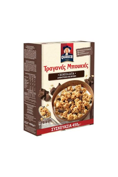 Quaker Овесени хрупкави хапки с шоколад, гранола зърнена закуска 450гр, Мюсли...