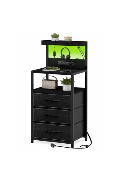 KEKE Nightstand with Charging Station and LED Light, Modern End Table with 3 ...