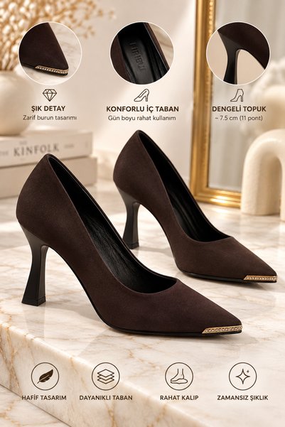 Firibu Kadın Sivri Burun Topuklu Stiletto Metal Detaylı Şık Abiye Günlük Dave...