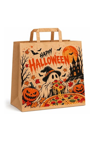 OEM Pungi de Hârtie Halloween Tematică Pizza cu Mâner Plat – 3 Dimensiuni – S...