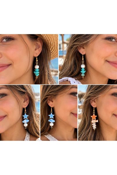 Yağmur Women's and Girls' 3-Piece Set of Sea-Themed Summer Beach Earrings Set Designed with Sea Star Fish and Natural Stone Pearls