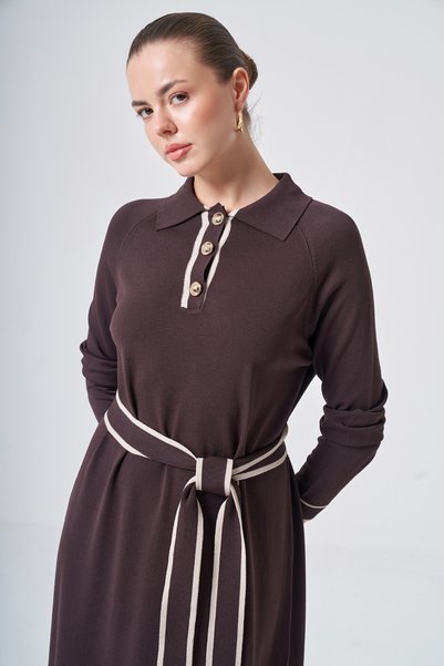 Nuss Button Detailed Belted Knitwear Rayon Dress 802 Brown