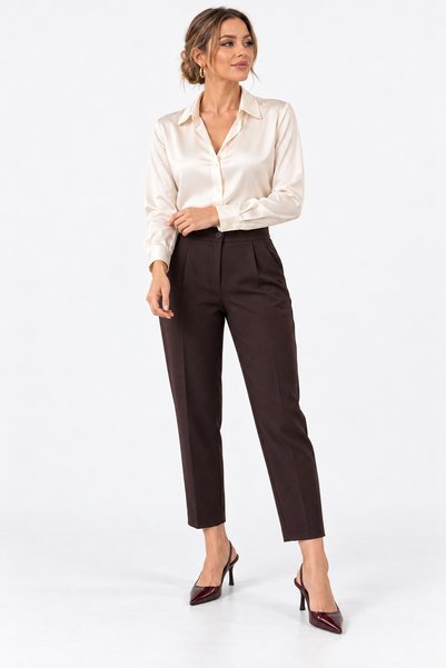 Abruzzo Brown Skinny Leg Women's Carrot Trousers Pleated High Waist Buttoned Zippered Seasonal Fabric