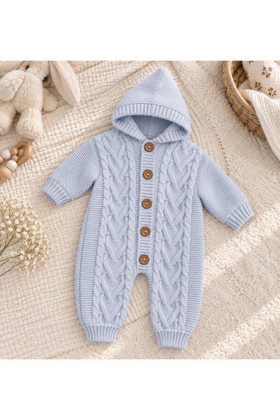 ışık kids Baby Hooded Knitted Patterned Knitwear Jumpsuit with Wooden Buttons
