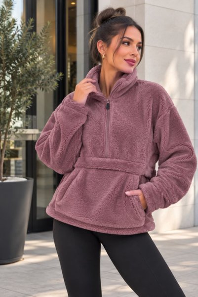 Kokosh moda Kadın Yarım Fermuarlı Kanguru Cepli Peluş Wellsoft Sweatshirt