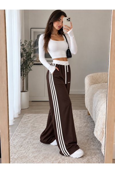 Viola Black Jeans Kadın Kahverengi Yan Şeritli Salaş Eşofman Altı