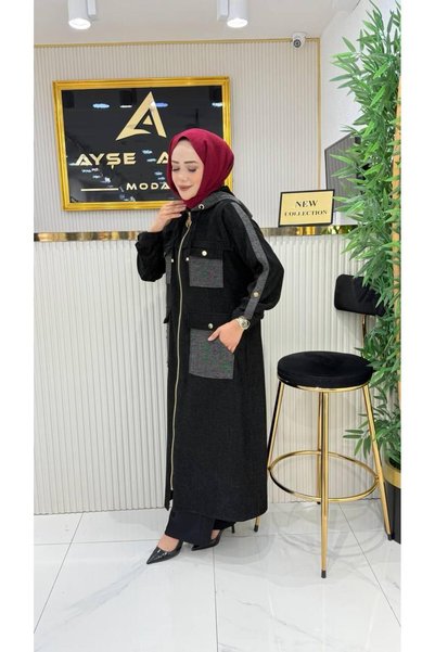 LİVAMODA43 AYŞE AKAY KOT KADİFE KUMAŞ TESETTÜR KAPÜŞONLU FERMUARLI CEPLİ UZUN...