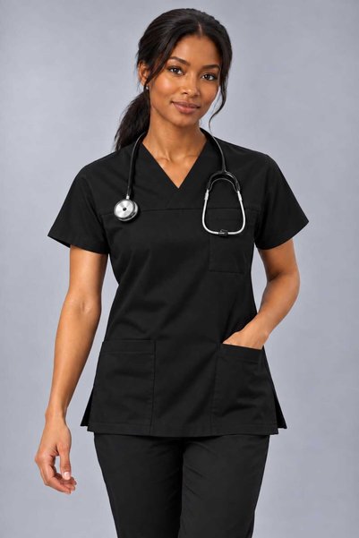EMİR MEDİKAL (E-Flex) Black Lycra Women's Single Top Non-Ironing Nurse and Doctor Uniform Scrubs Hospital Uniform