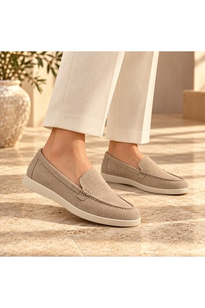 a ayak&kabım official Velaris Genuine Leather Women's Loafer Moccasins – Real Leather Inside and Out, Handmade Saddle Stitched, Lightweight Tremolight Sole, Seasonal Comfortable Women's Shoes – Beige Suede