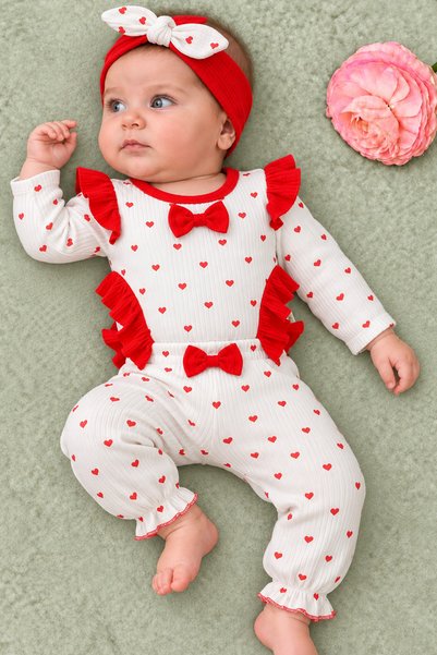 Rocha Baby طقم من 3 قطع للفتيات الصغيرات بنمط قلب أحمر مع كشكشة وفيونكة (يشمل...