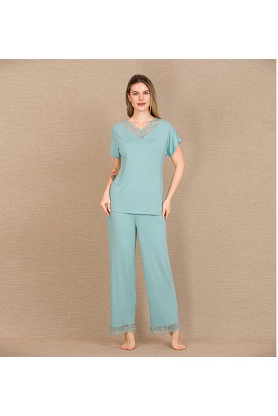 SENORAMODA Viscose Stylish Design Lace Embroidered Mint Green Short Sleeve Pa...