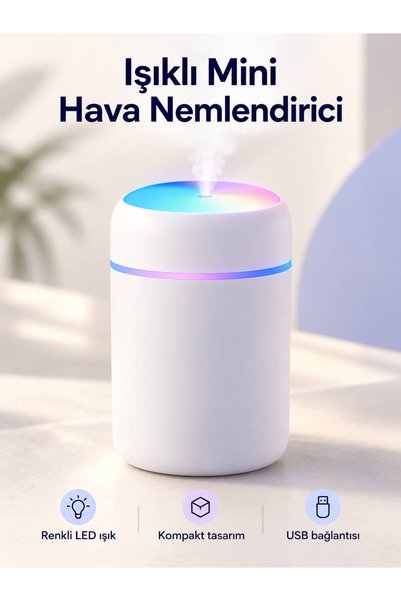 GranTech RGB LED Işıklı Mini Hava Nemlendirici | Oda, Araç Nemlendiricisi, Buharlı Püskürtmeli Şarjlı