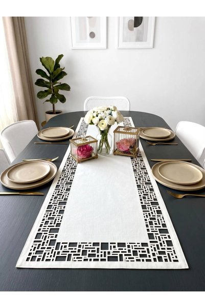 Ergüven Home White Suede Fabric Runner 40X140 cm Table Length - Geometric Qua...