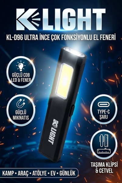 K LIGHT KL-D96 Ultra İnce LED El Feneri Type-C Şarjlı Güçlü Mıknatıslı Cep Feneri Siyah