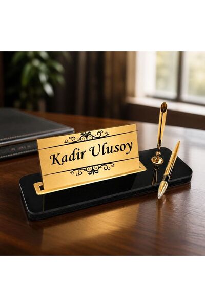 Hediye Vakti Motifli Lüks Masa İsimliği - Kalemli Kişiye Özel Ofis Masa Seti Siyah Gold