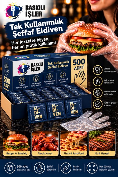Baskılı İşler 500 Adet Tek Kullanımlık Şeffaf Eldiven – Lacivert Özel Ambalaj...