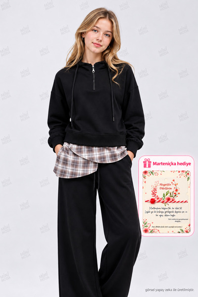 Minimoda Kids Set de trening pentru fete, cu glugă, cu jumătate de fermoar, cămașă în carouri, cu pantaloni largi, din două piese