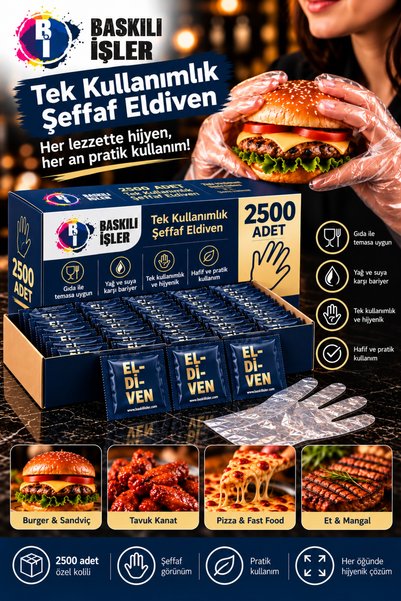 2500 Adet Tek Kullanımlık Şeffaf Eldiven – Lacivert Özel Ambalajlı, Burger, Kanat ve Restoran Kullanımına Uygun