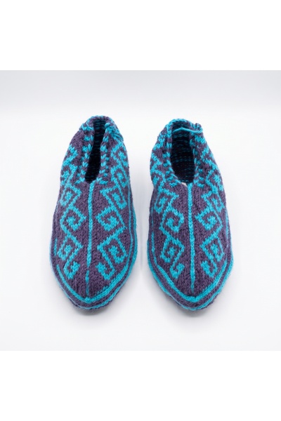 Zi Çeyizlik Winter Hand Knitted Booties – Blue Burgundy Patterned – Size 36-37
