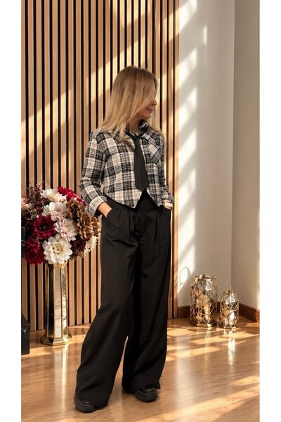 Cardella Women's Plaid Patterned Tweed Crop Shirt Jacket with Tie Detail