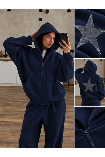 HAI COLLECTİON Mavi Kapüşonlu Oversize Hırka Kışlık Unisex %100 Pamuk