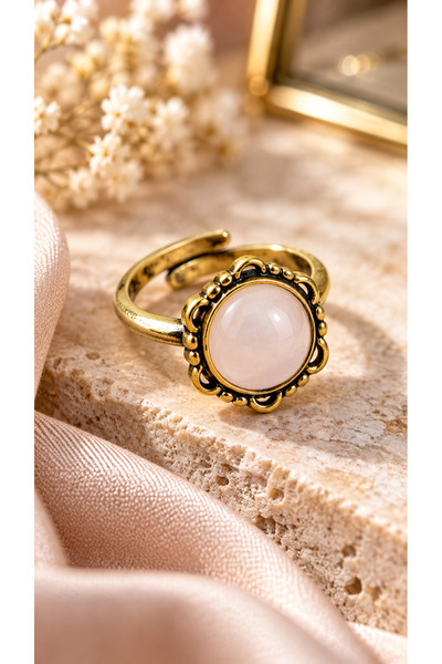Begora Adjustable Vintage Women's Copper Ring with Pink Quartz Natural Stone