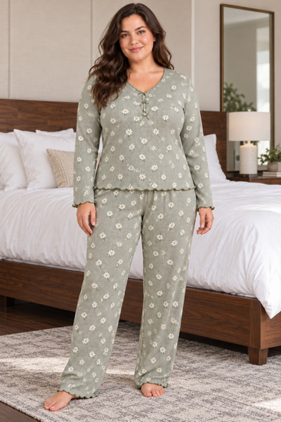 Fanwet Women's Plus Size Daisy Patterned Mint Green Button Detailed Ruffle Lo...