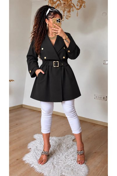AZRA BUTİK Yaka Detayli Siyah Trench