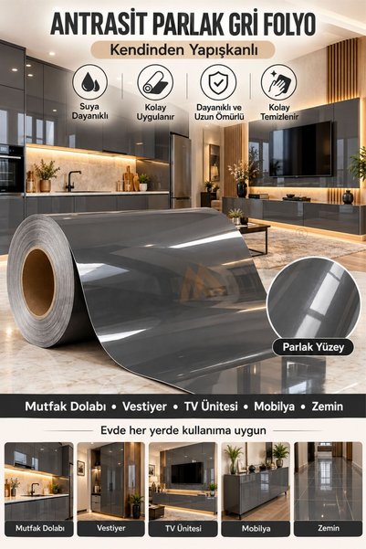 DECOMALL ( DZ 4 ) Parlak Antrasit Gri Kendinden Yapışkanlı Beyaz Eşya Mobilya...