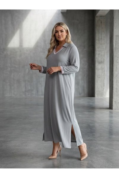 Koza Butik فستان نسائي كبير الحجم بفتحة رقبة على شكل حرف V وأكمام طويلة وتفاصيل مشقوقة 5479-27