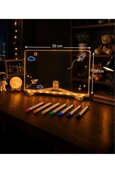 MASLİNG Led Işıklı Çizim Boyama Tahtası Neon Işıklı Eğitici Not Tahtası 7 Adet Kalem HEDİYELİ