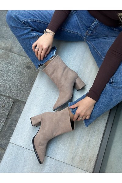 ERVANIN BUTİĞİ Mink Suede (Asely) Wide XL Cut Women's Heeled Boots
