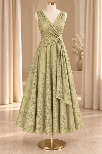 LAVERA STYLE فستان دانتيل زيتوني ميدي بعقدة جانبية