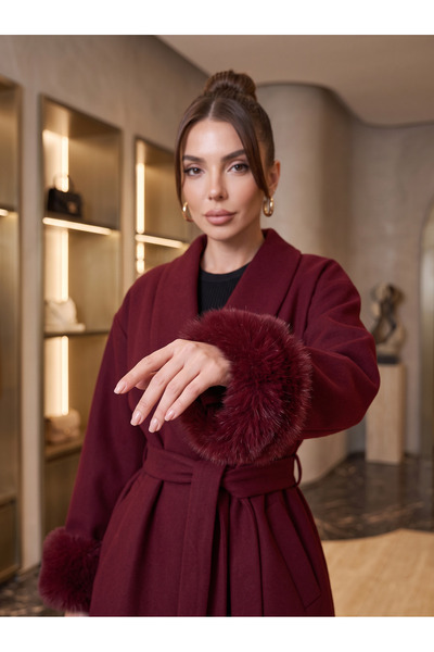 FUEGO VELVET Bordo Şal Yaka Kol Ucu Kürklü Belden Bağlamalı Kaşe Kaban & Ceke...