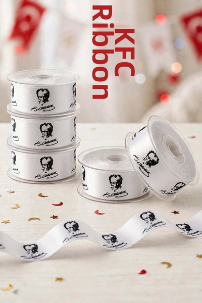 Ak Tuhafiye Panglică din satin imprimată Ataturk, albă, 4 cm lățime x 5 metri...