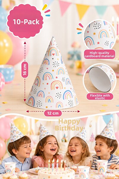 HAPPYLOOPPARTY Set of 10 White Happy Birthday Party Hats – Flexible Elastic, ...