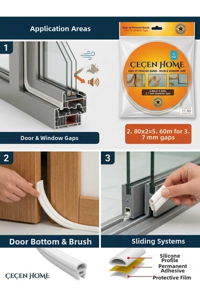 ÇEÇEN HOME 1Pcs D Type Door Window Insulation Tape 2.80X2=5.60M Self-Adhesive Sound Dust Wind Sealing Sponge Wick