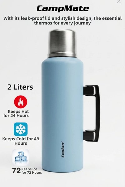 Burak 2 Liter Stainless Steel Camping Thermos with Handle Ckr-2128 Blue