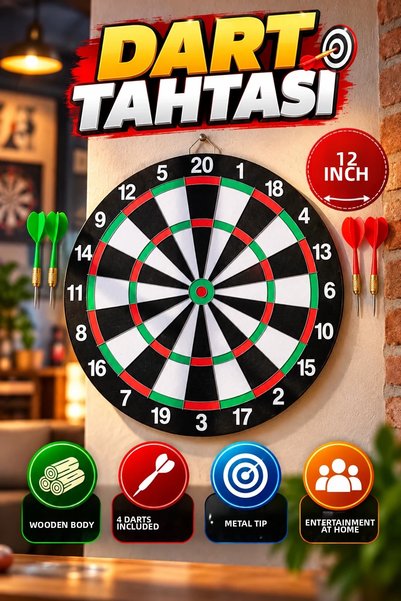 canrodi 12 Inch Wooden Dart Board – Includes 4 Metal Needle Tip Darts
