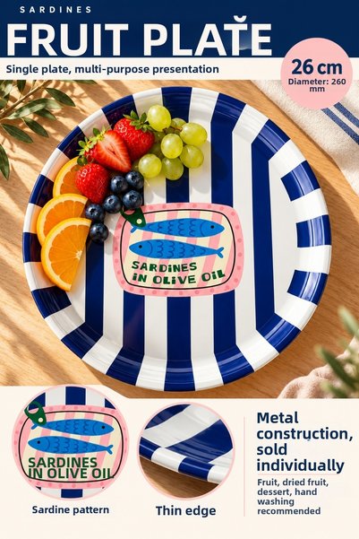 Tita Metal Fruit Plate 26 cm Navy Blue Striped Sardine Patterned Nut Presentation Plate