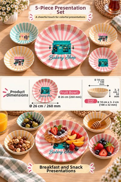 Tita 5 Piece Metal Breakfast and Presentation Set 26 cm Fruit Plate and 4 Snack Bowls Pastel Colored