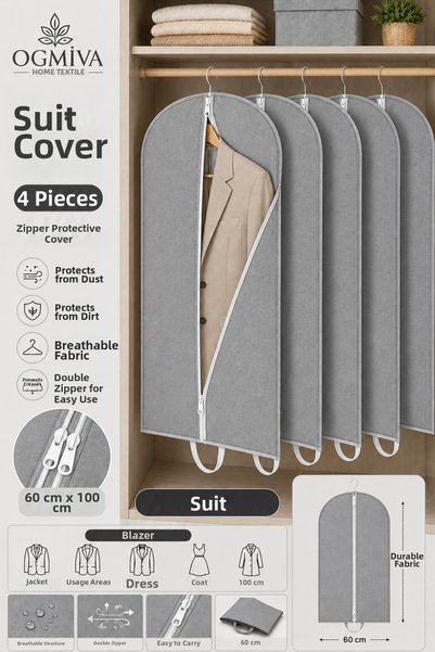 OgMiva 4-Pack Gray Suit Cover 60X100 cm Double Zipper Gamboç Clothes Cover Ga...