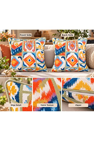 nunuteks evinizi renklendirin Bohemian Cushion Cover with Ikat Pattern 43X43 cm - Orange Blue Geometric Patterned Double-Sided Printed Ribbed