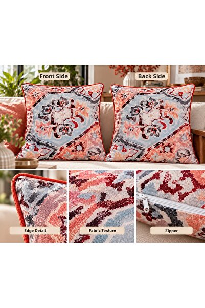 nunuteks evinizi renklendirin Vintage Ethnic Patterned Throw Pillow Cover – Bohemian Throw Pillow with Decorative Piping in Tile, Blue, and Burgundy Tones