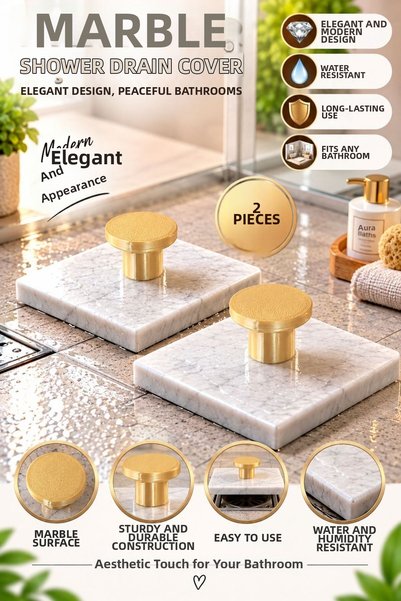 TARIK HOME 2 Pieces of Real Marble Bathroom Drain Cover with Handle and Foot ...