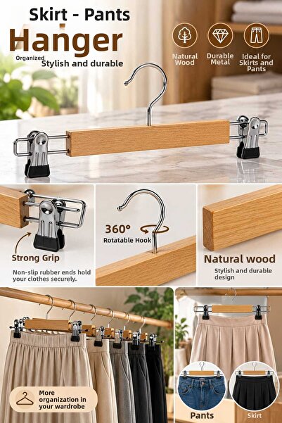 LOVYCO Wooden Peg Pants and Skirt Hanger |   Non-Slip Clip-On Clothes Hanger |   Cabinet Organizer