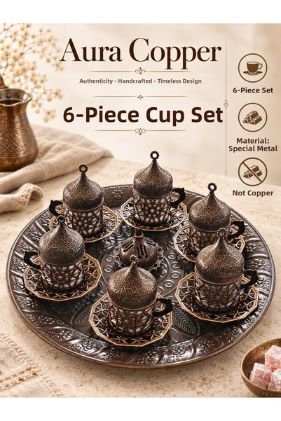 AURA COPPER طقم فناجين قهوة تركية بزخارف عثمانية مع غطاء وصينية، مجموعة تقديم...