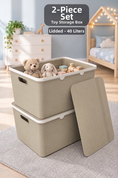 Meleni Baby 2-Piece 40Lt Storage Box with Lid - Multi-Purpose Toy Organizer Children's Baby Room Organizer Beige