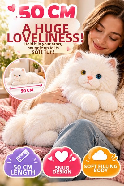 OpenCity White Realistic Cat-Looking Plush Cat 50 cm Long Furry Soft Cuddly D...